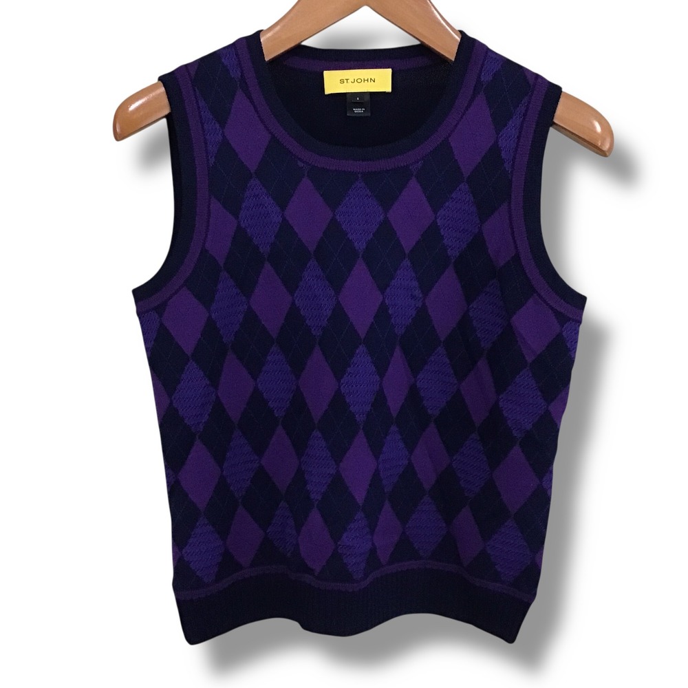 St. John Purple Argyle Wool Blend Sweater Vest Sleeveless Crew Neck S FA10GR3